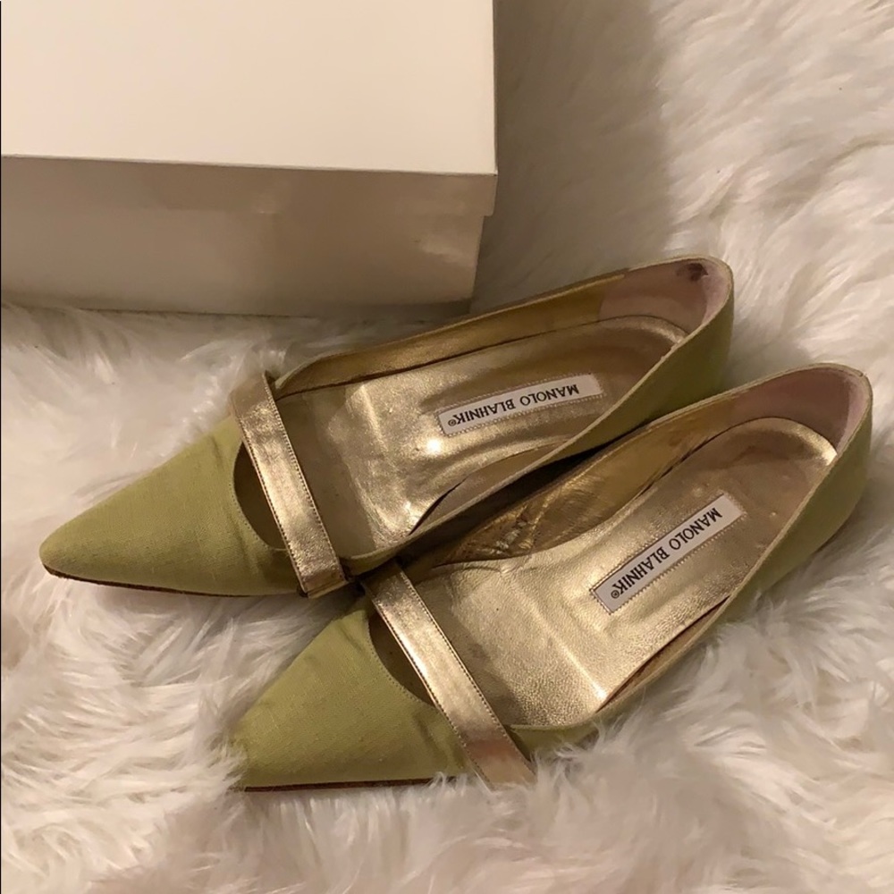 Manolo Blahnik green flats with gold shoes